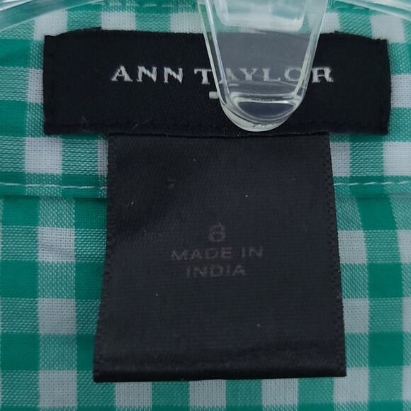 Ann Taylor Fact Gingham Print Button Down Blouse Size 8 Green White Plaid Check - Picture 3 of 4